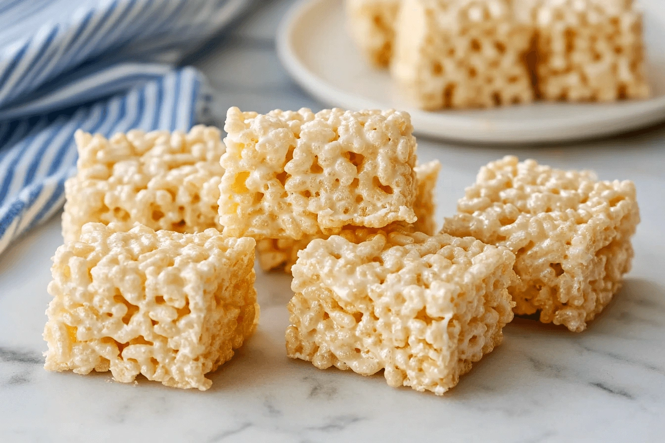 Freshly made rice crispy treats displayed in a clean and minimalistic setting with soft natural lighting.