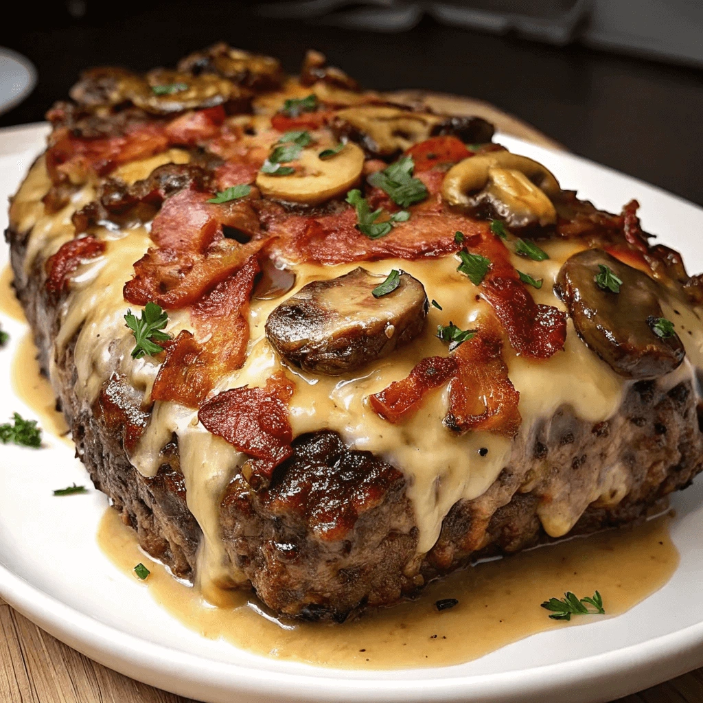 Savory meatloaf topped with golden melted cheese, smoky bacon, and sautéed mushrooms, plated with fresh parsley garnish.