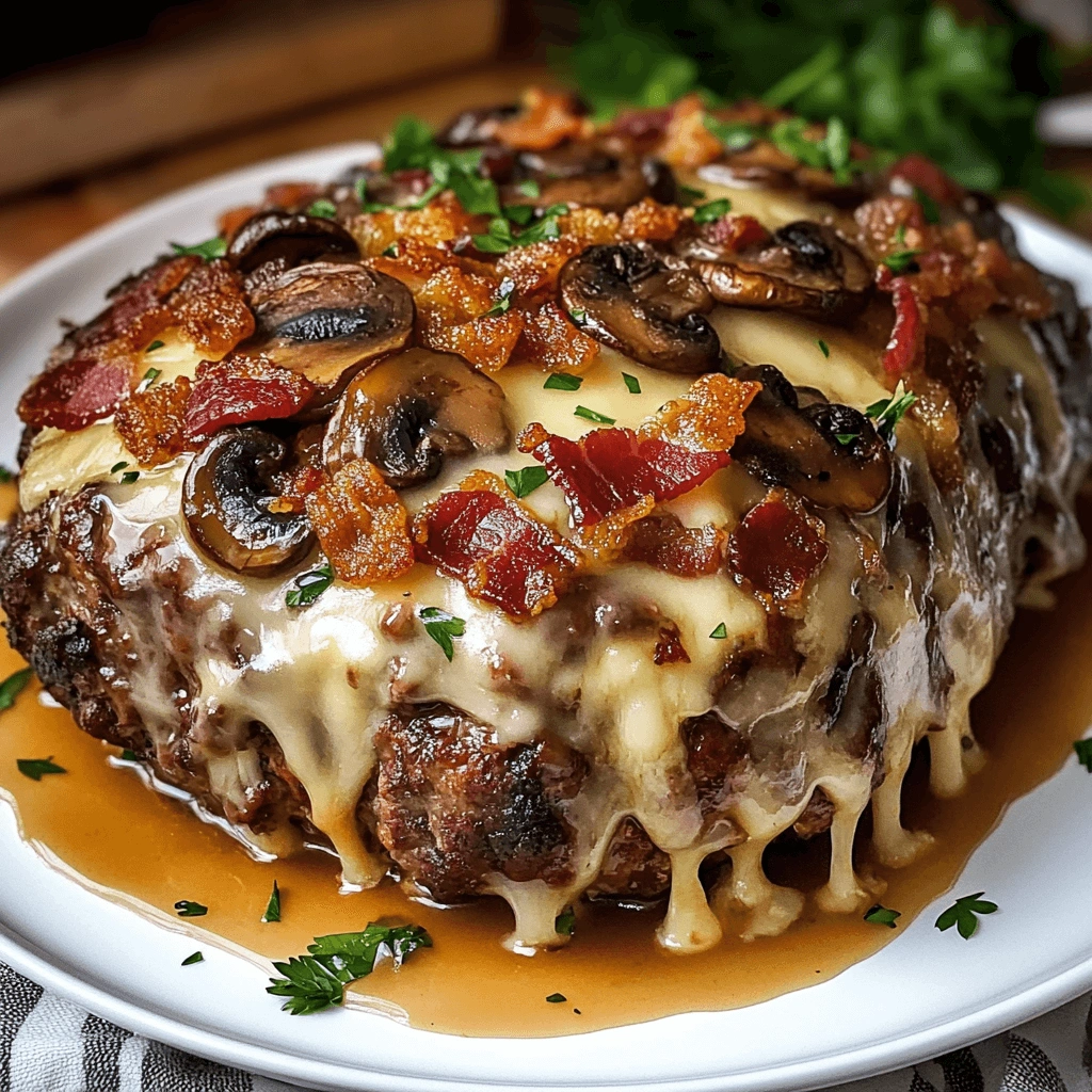 Homemade meatloaf served hot, layered with melted cheese, bacon crumbles, and mushrooms, perfect for a comforting meal.