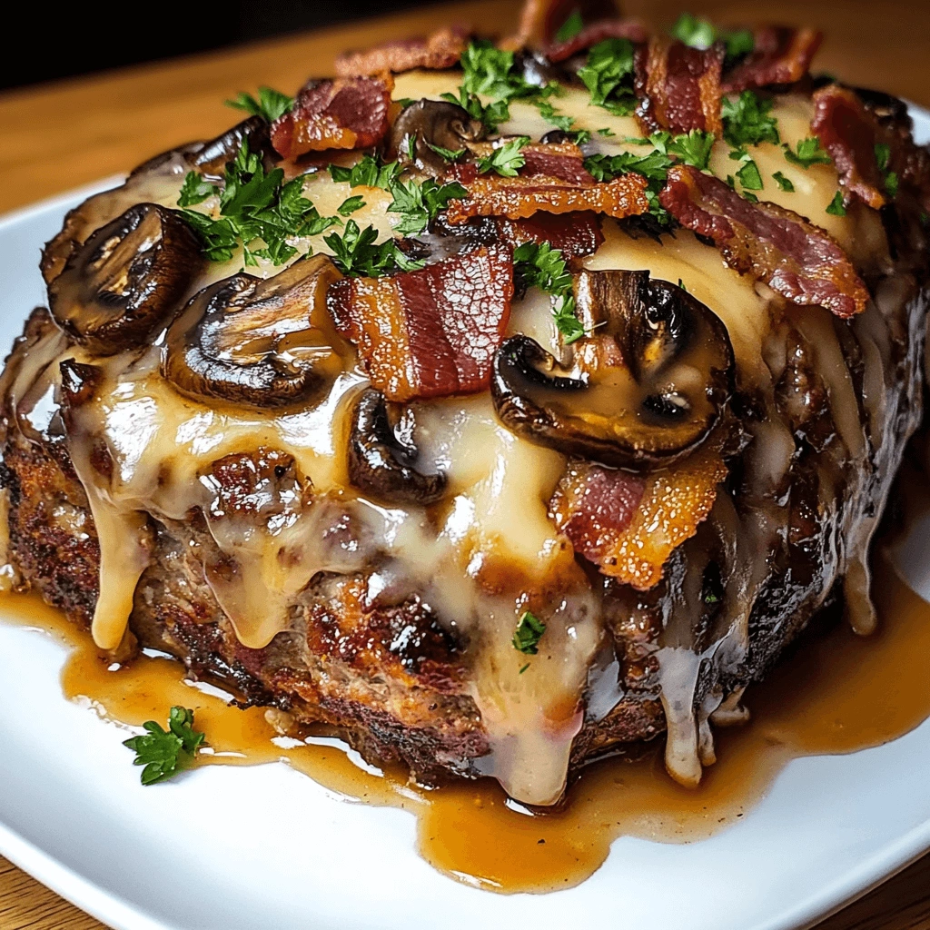 Close-up of a cheesy meatloaf drizzled with sauce, garnished with bacon and mushrooms, showcasing its rich and hearty texture.