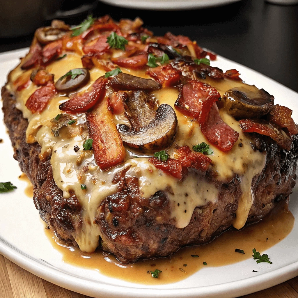 Hearty meatloaf with crispy bacon and mushrooms on top, drizzled with sauce for a flavorful and appetizing dinner.