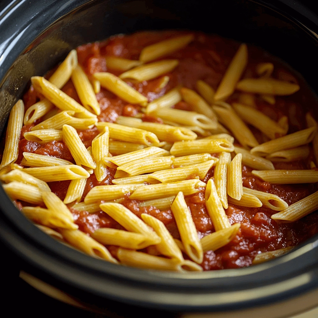 A hearty serving of penne pasta coated in chunky tomato sauce, seasoned with herbs, in a black slow cooker.