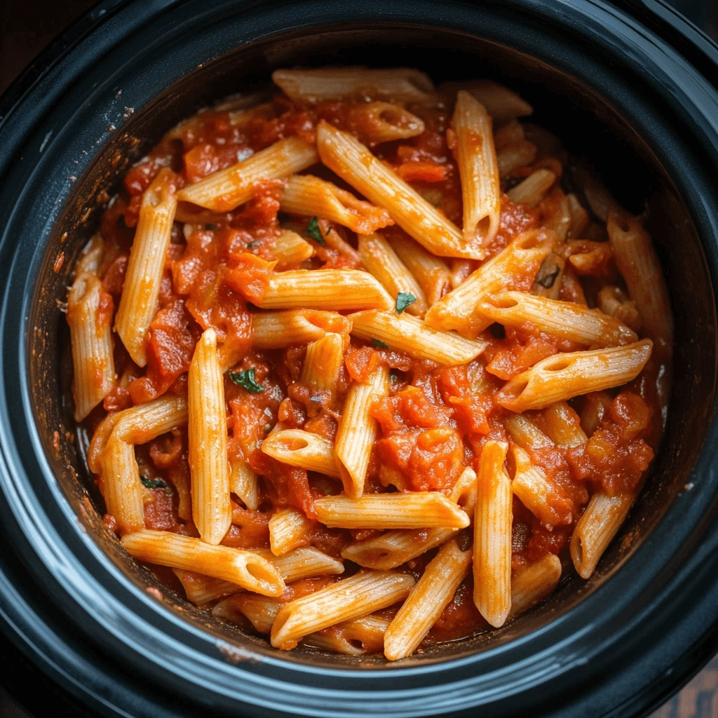 Penne pasta with tomato sauce, seasoned and cooked to perfection in a slow cooker.