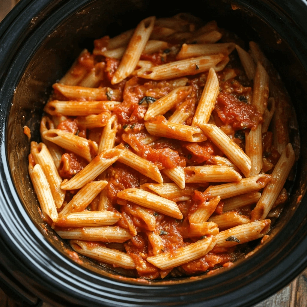 Freshly prepared penne pasta in rich red sauce, served directly from a slow cooker.