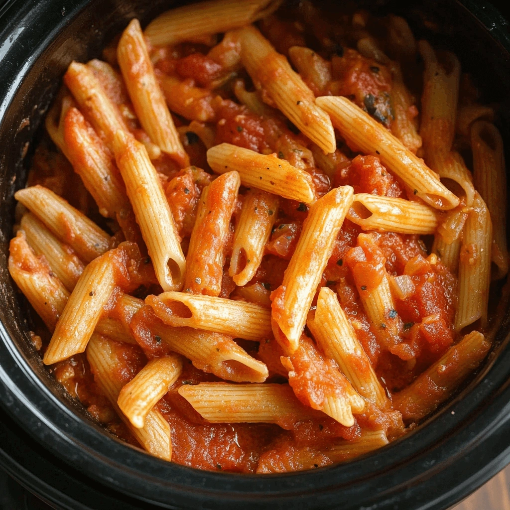 Warm and comforting penne pasta dish in a black slow cooker, coated in savory tomato sauce.