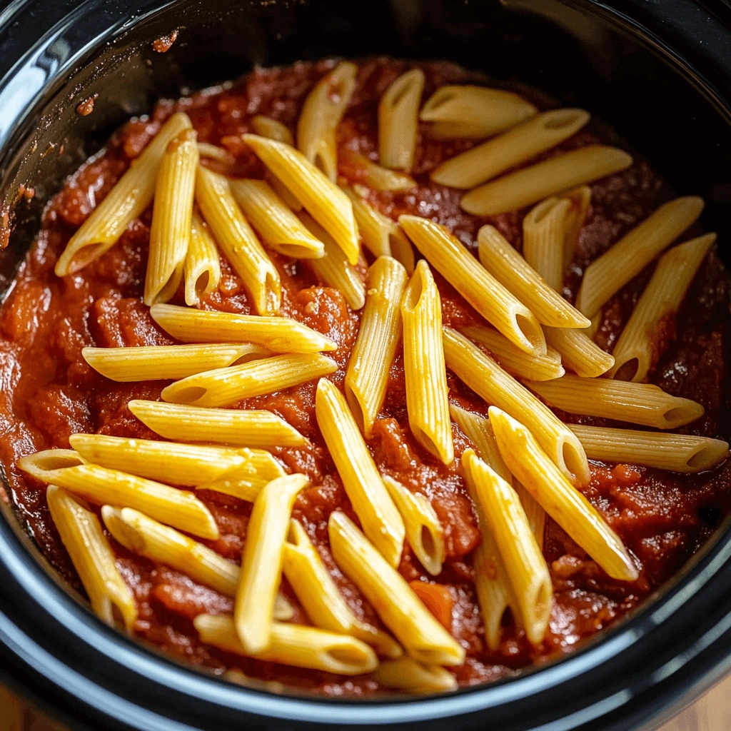 Delicious penne pasta in a slow cooker, cooked with a flavorful tomato-based sauce.