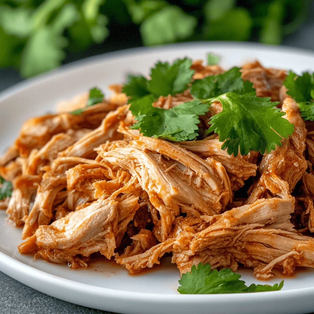 A plate of juicy, well-seasoned pulled turkey with a rich, flavorful sauce and fresh green cilantro for garnish.