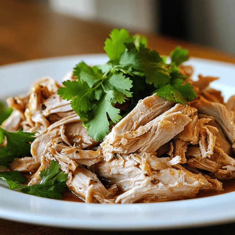 A close-up of tender, shredded turkey garnished with fresh cilantro, served on a white plate with a rich, flavorful sauce.