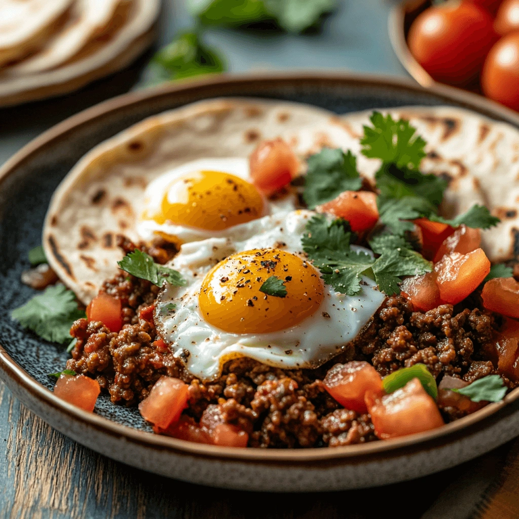 Hearty breakfast featuring seasoned ground beef, a fried egg topped with diced tomatoes and cilantro, accompanied by a golden tortilla.