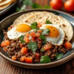 A plate of Mexican-style breakfast with spiced ground beef, sunny-side-up eggs, fresh tomato salsa, and cilantro, served with a crispy tortilla.