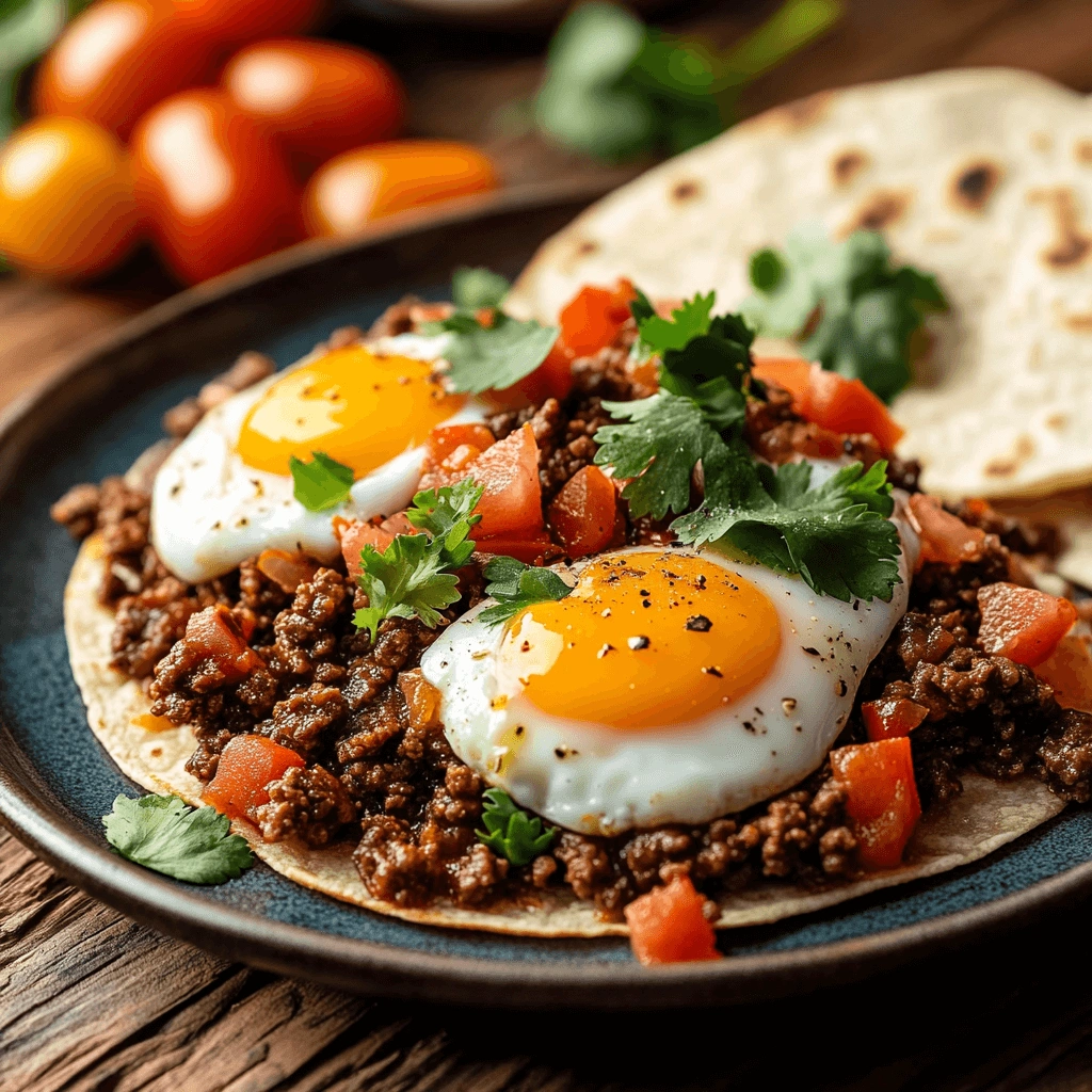 A close-up of a flavorful breakfast dish with ground beef, egg, fresh salsa, and garnished with cilantro on a rustic plate.