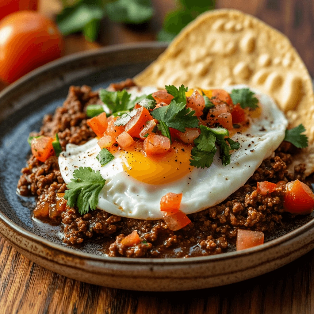 A vibrant breakfast plate of sunny-side-up eggs over seasoned beef, topped with fresh tomato salsa and herbs, served with a crisp tortilla.