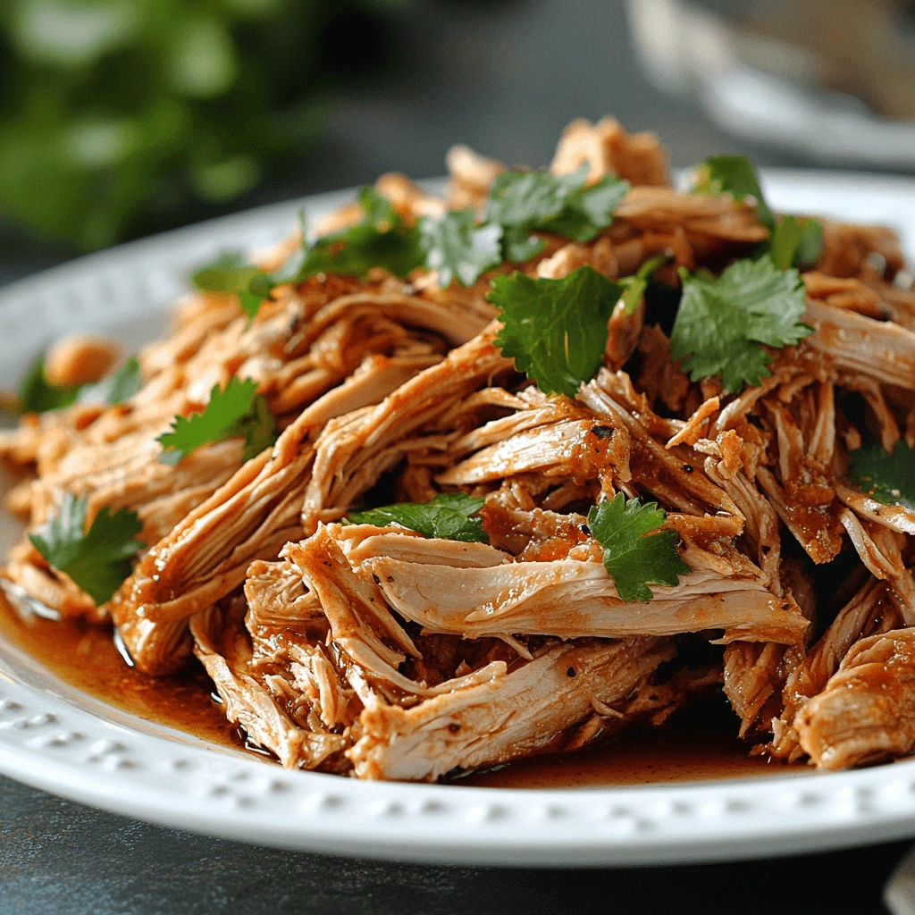 Mouthwatering shredded turkey carnitas covered in a delicious, seasoned sauce, garnished with vibrant cilantro leaves.