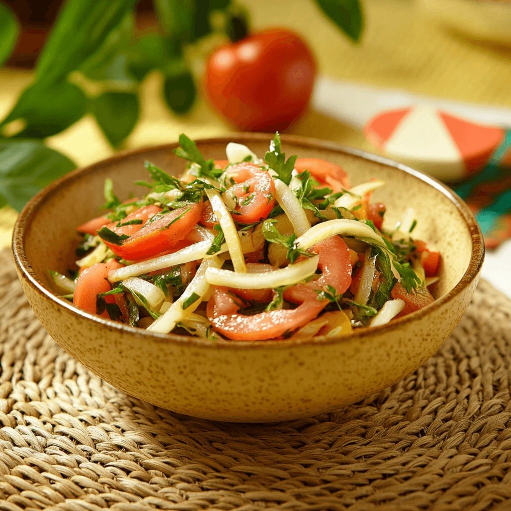 Fresh tomato and onion salad in a ceramic bowl, garnished with parsley and black pepper, surrounded by yellow and green accents on a woven placemat