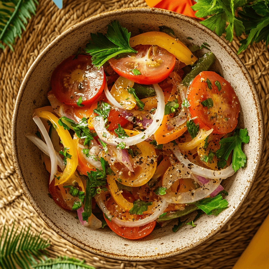 A rustic bowl filled with a vibrant mix of cherry tomatoes, onions, and fresh parsley, drizzled with vinaigrette, placed on a textured yellow placemat