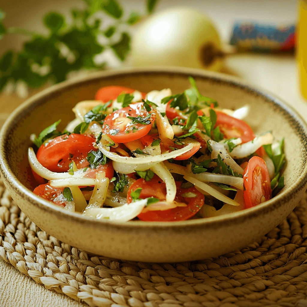Colorful salad of tomatoes, onions, and parsley in a rustic bowl on a bright yellow woven mat with vibrant decor elements around it.