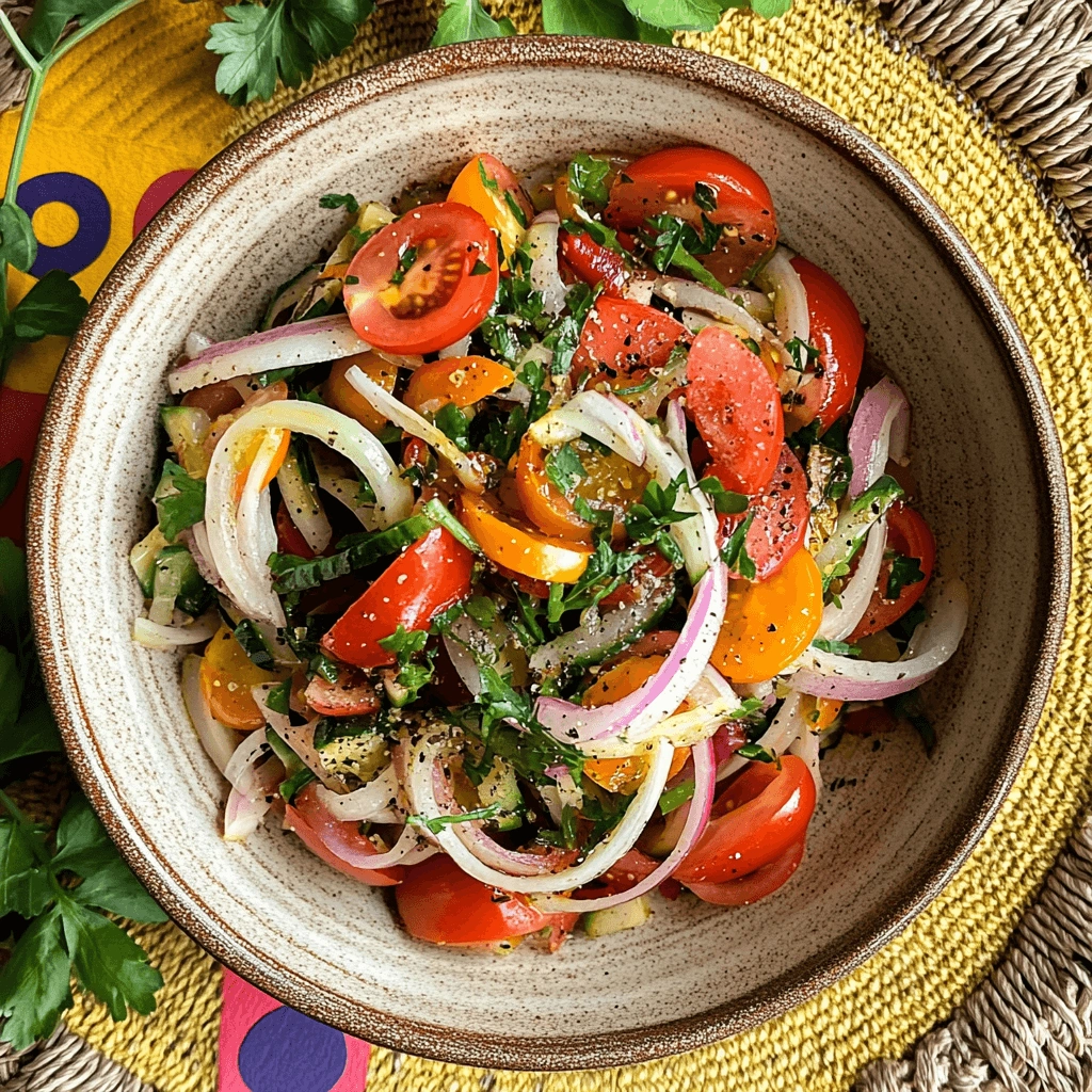 A top-down view of a colorful salad in a rustic beige bowl featuring cherry tomatoes, sliced onions, fresh parsley, and a light vinaigrette, placed on a woven mat with vibrant decor.