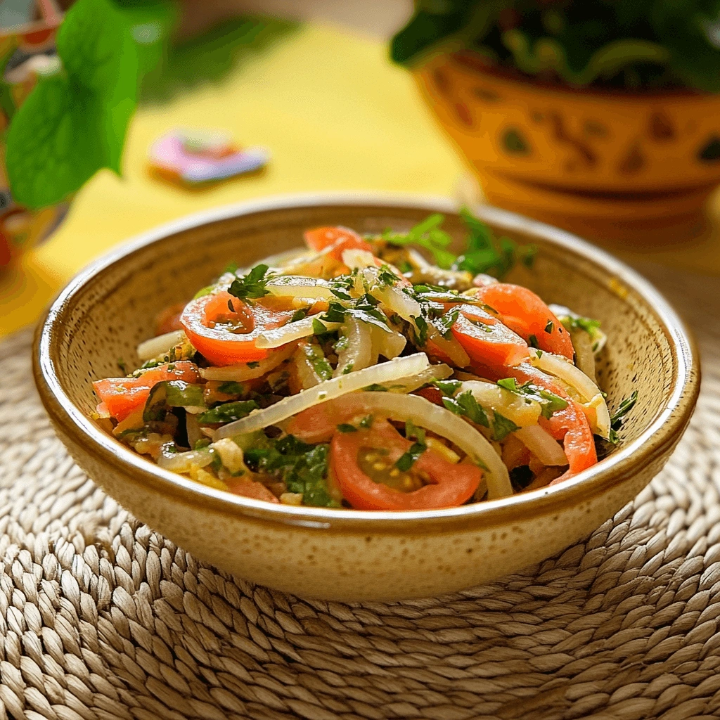 Fresh tomato and onion salad with parsley, black pepper, and a light vinaigrette served in a speckled ceramic bowl on a rustic placemat.