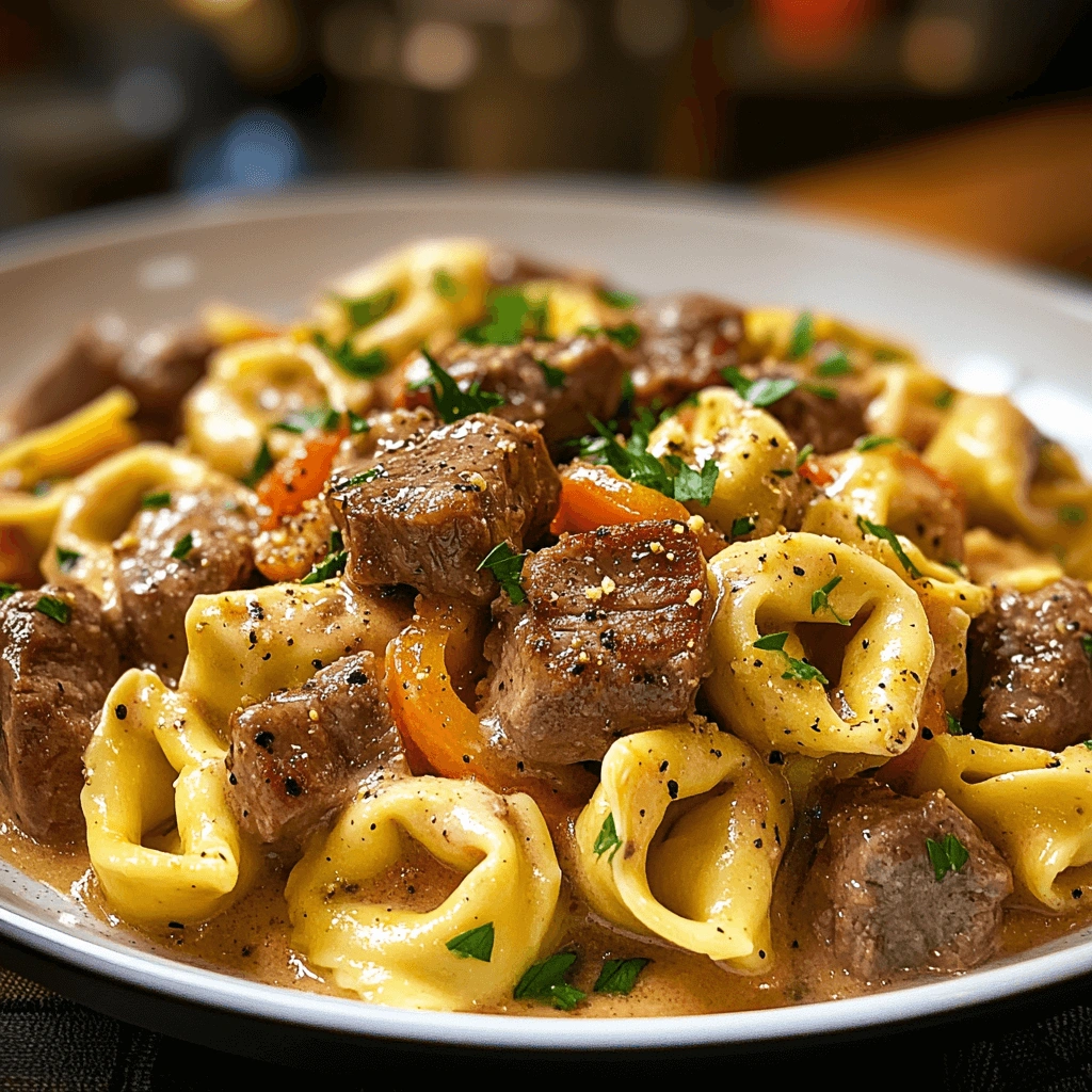 A close-up view of a cheesy tortellini dish with tender beef chunks and green bell pepper slices, served in a white bowl. A fork lifts a gooey tortellini coated in creamy cheese sauce.