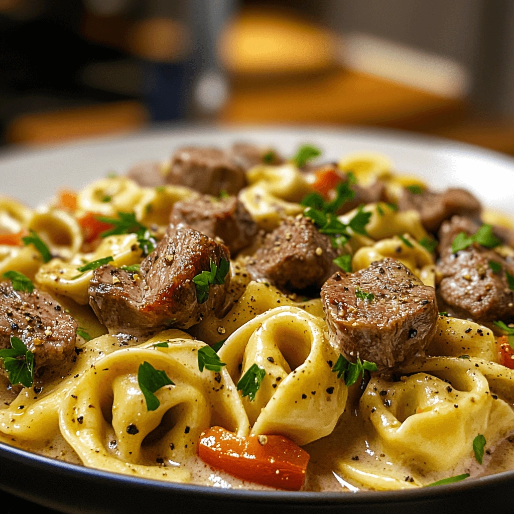 A white bowl filled with cheesy tortellini, beef chunks, and green peppers, highlighted by a creamy, rich sauce.