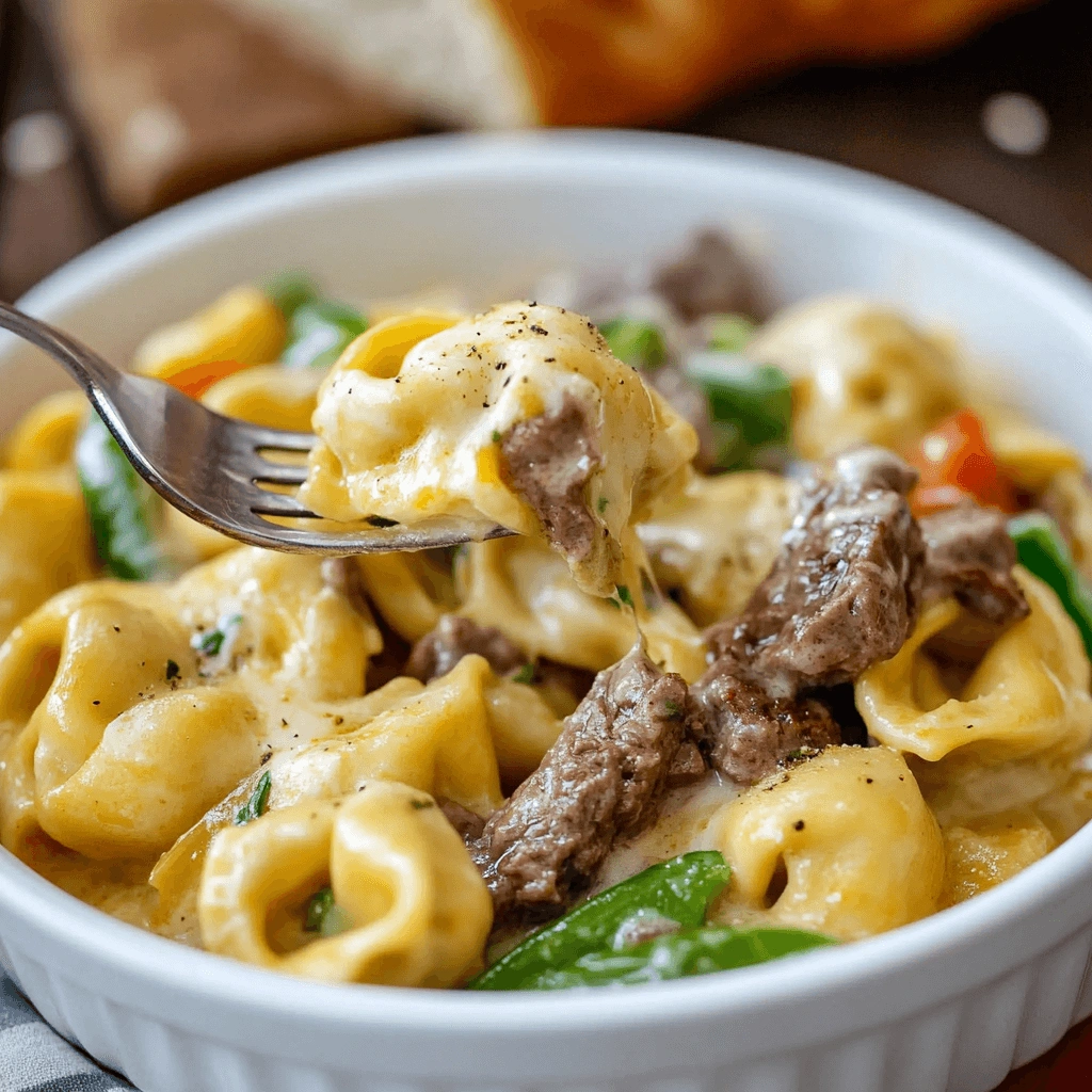 Creamy tortellini pasta with beef slices and green peppers in a white bowl, with a fork lifting a piece of pasta.