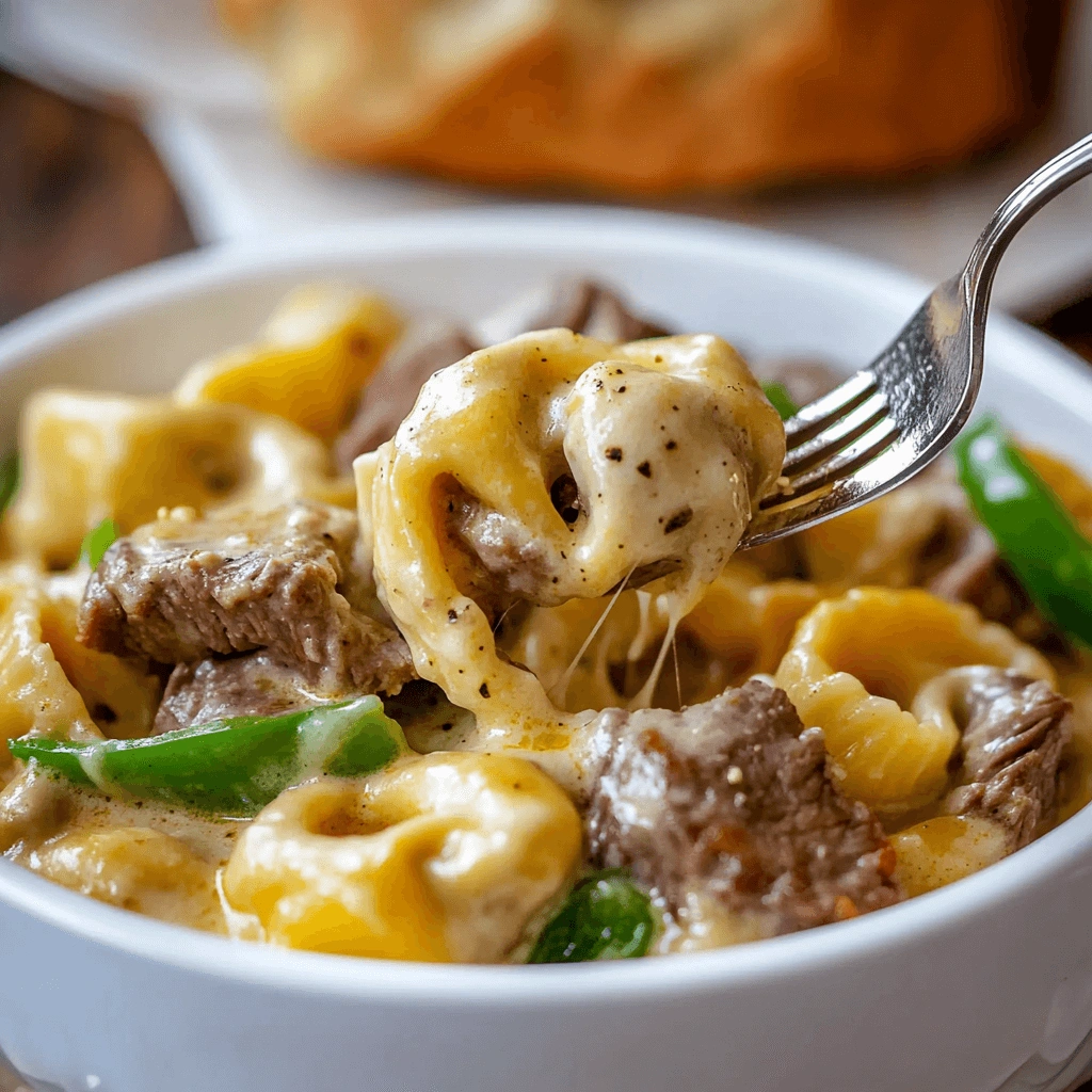 Gooey tortellini with beef and peppers in a cheese sauce, served in a bowl with a fork showcasing the stretchy melted cheese.