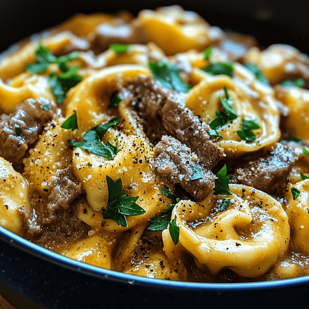 Beef pasta in a creamy sauce with fresh parsley in a vibrant and comforting presentation.