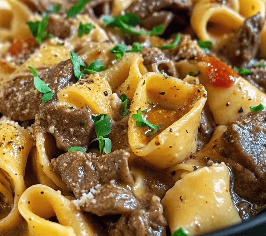 Wide pasta ribbons and beef coated in creamy sauce, sprinkled with herbs.