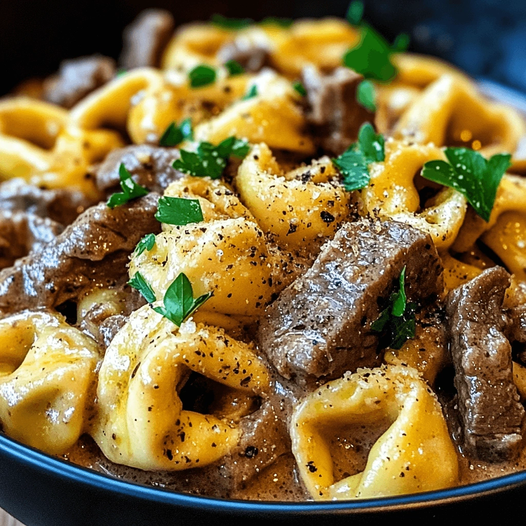 Close-up of creamy Philly Cheesesteak pasta with wide noodles, tender beef strips, and fresh parsley garnish.