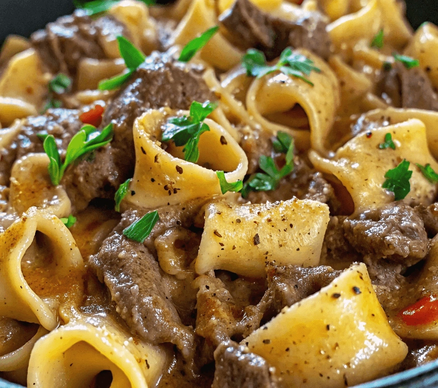 Philly Cheesesteak pasta with creamy sauce, beef slices, and parsley in a black bowl.