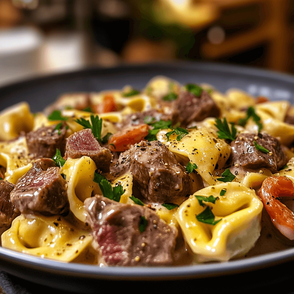 A bowl of creamy tortellini pasta with beef chunks and vibrant green bell peppers, topped with melted cheese.