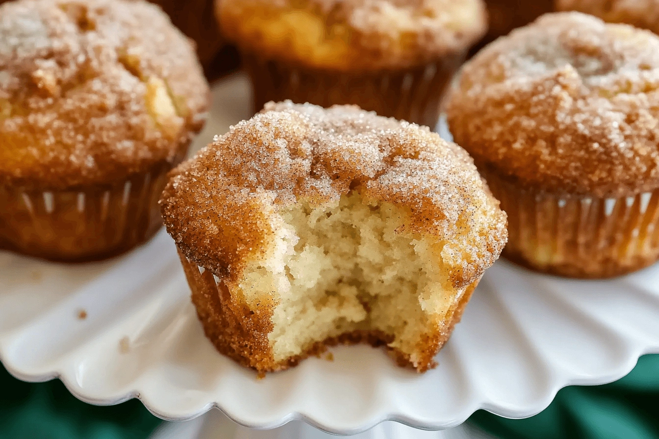 A close-up of a cinnamon sugar muffin with a bite missing, displayed alongside similar muffins on a decorative plate.