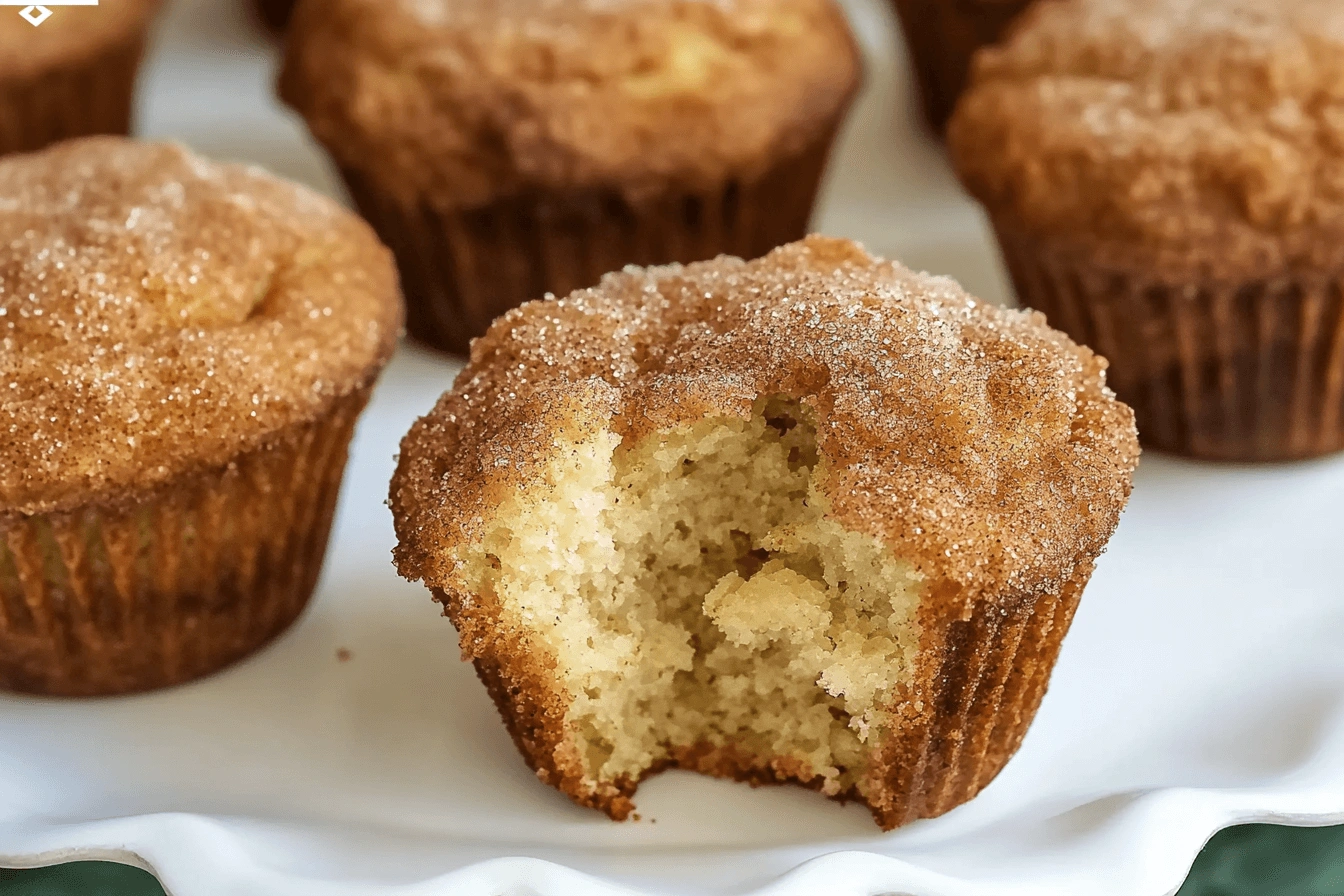 A cinnamon sugar muffin with a bite taken out, revealing a soft interior, surrounded by other muffins on a decorative white plate.