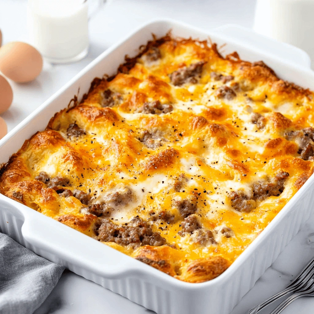 Breakfast casserole with sausage, cheese, and eggs in a white dish.