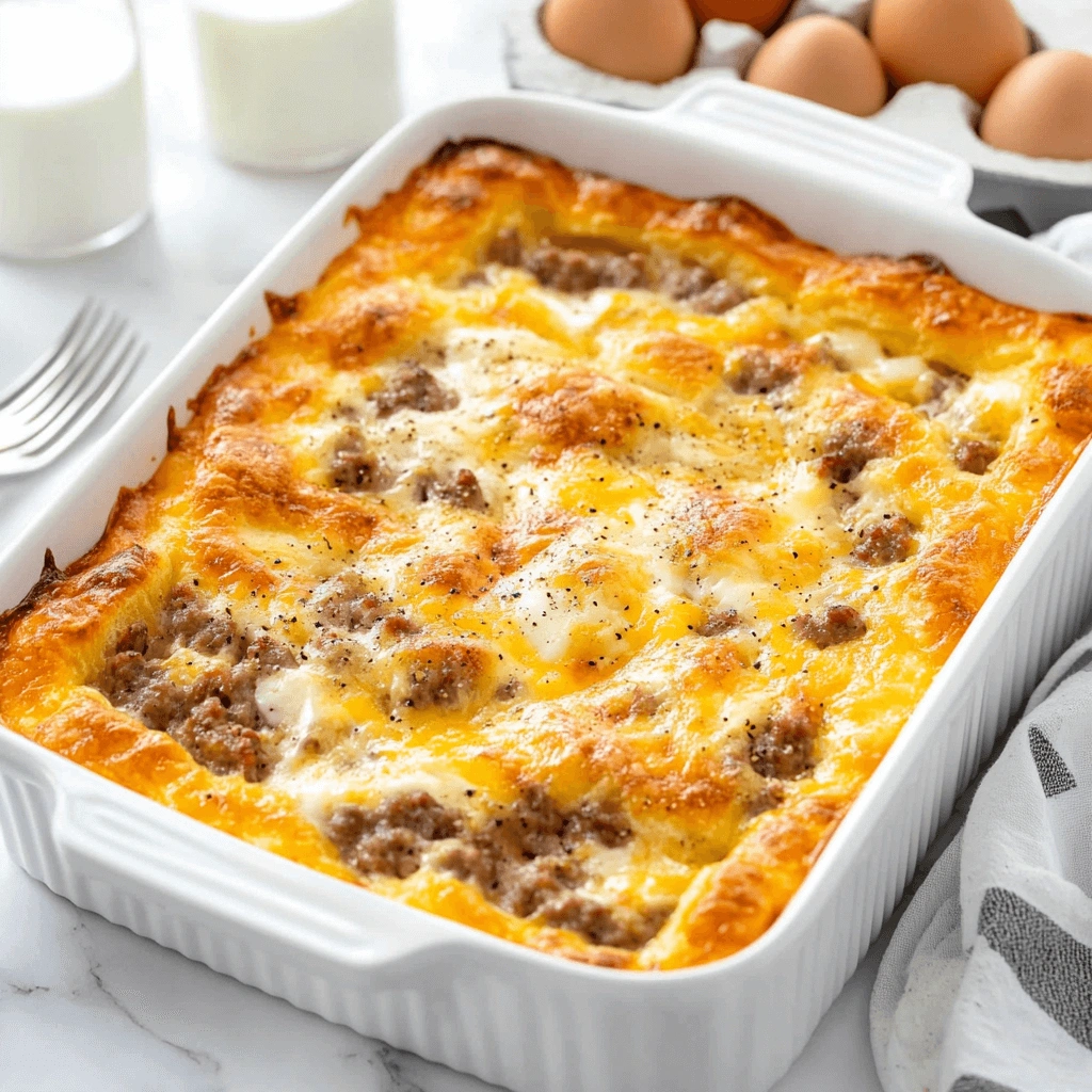 Fluffy breakfast casserole topped with melted cheese and sausage crumbles.