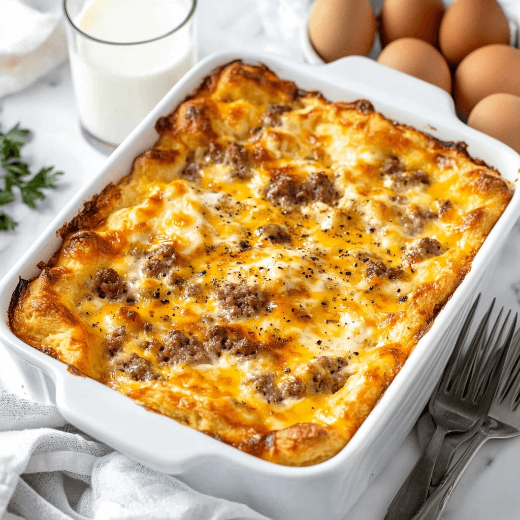 Golden breakfast casserole in a white dish with melted cheese and sausage.