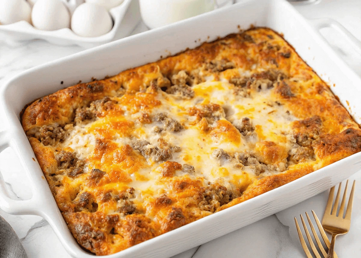 Cheesy breakfast casserole topped with sausage in a white ceramic dish. 