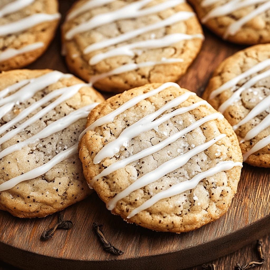 Freshly baked Earl Grey cookies drizzled with white icing, placed on a wooden surface.