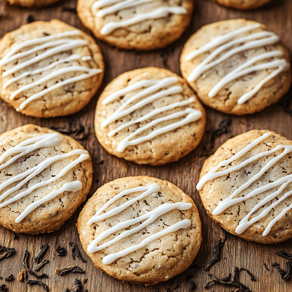 Close-up of Earl Grey cookies with white icing drizzle, placed on a natural wood surface.