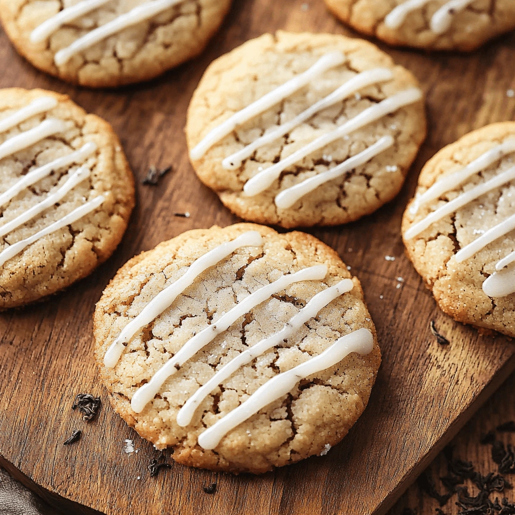 Earl Grey cookies on a wooden board, adorned with icing and tea leaf accents.