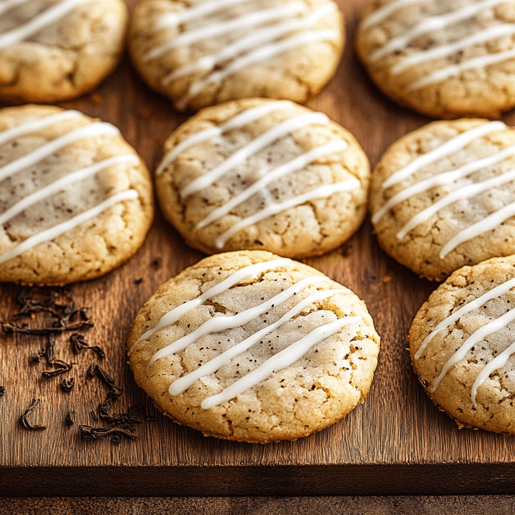 A rustic arrangement of Earl Grey cookies topped with icing on a wooden board.
