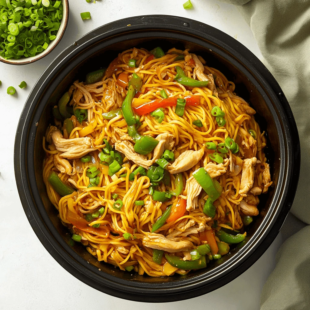 Hearty noodles with chicken and fresh green bell peppers, served in a dark bowl.