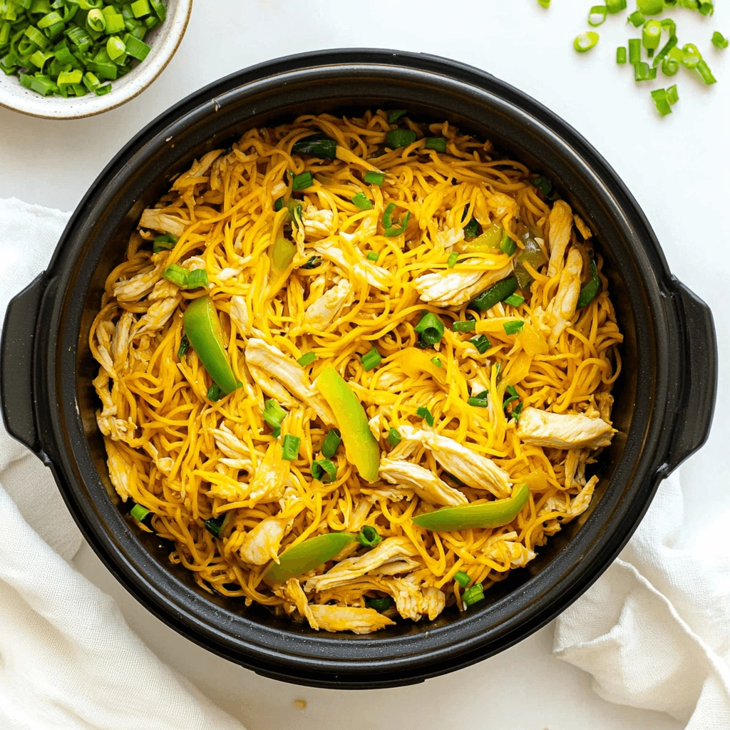 Savory chicken stir-fry with flat noodles and green bell peppers in a flavorful sauce.