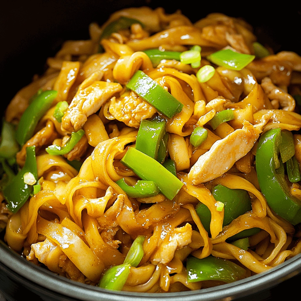 Delicious stir-fried noodles with tender chicken slices and crunchy green peppers in a rich glaze.