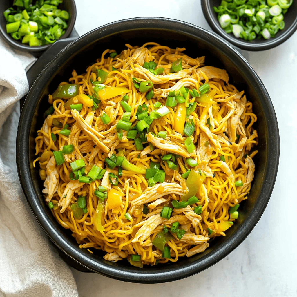 A vibrant noodle dish featuring golden-brown sauce, chicken, and green peppers.
