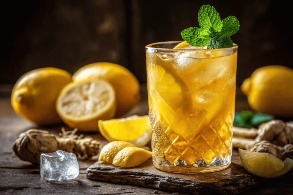 A refreshing glass of iced ginger lemon tea, garnished with fresh mint and lemon slices, placed on a rustic wooden table with whole and sliced lemons in the background.