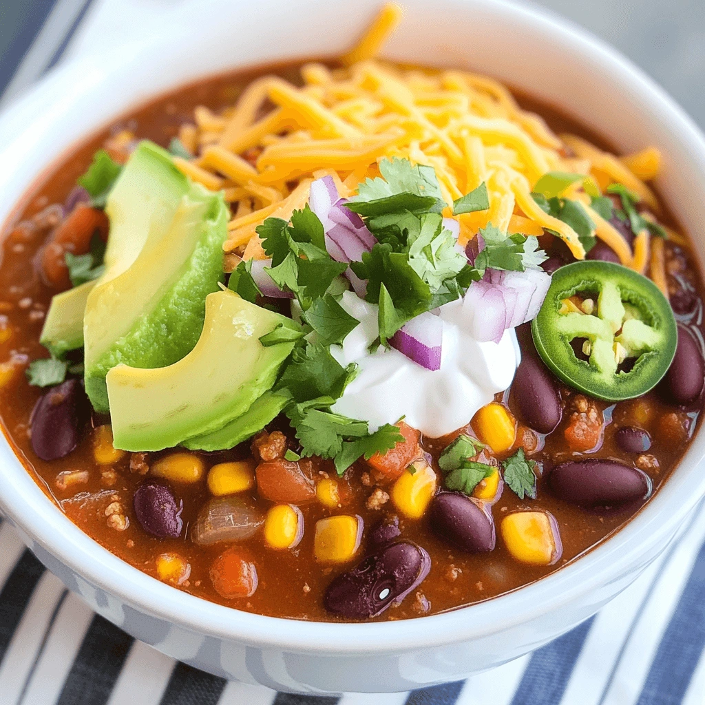 Spicy chili with colorful garnishes in a white ceramic dish.