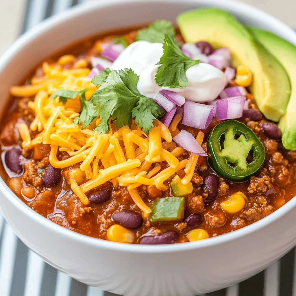 Hearty chili served with fresh toppings in a white bowl.