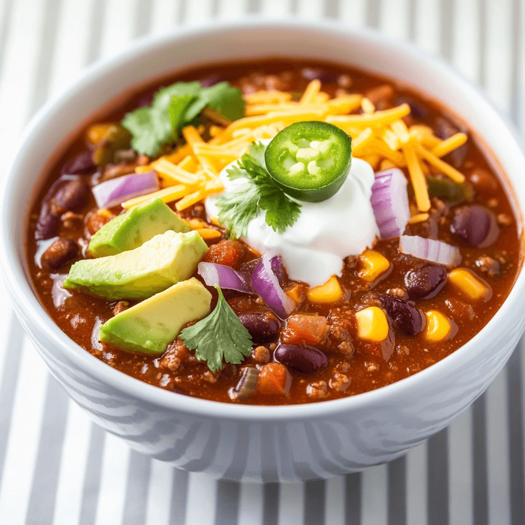 A bowl of chili topped with sour cream, avocado, jalapeño, and shredded cheese.