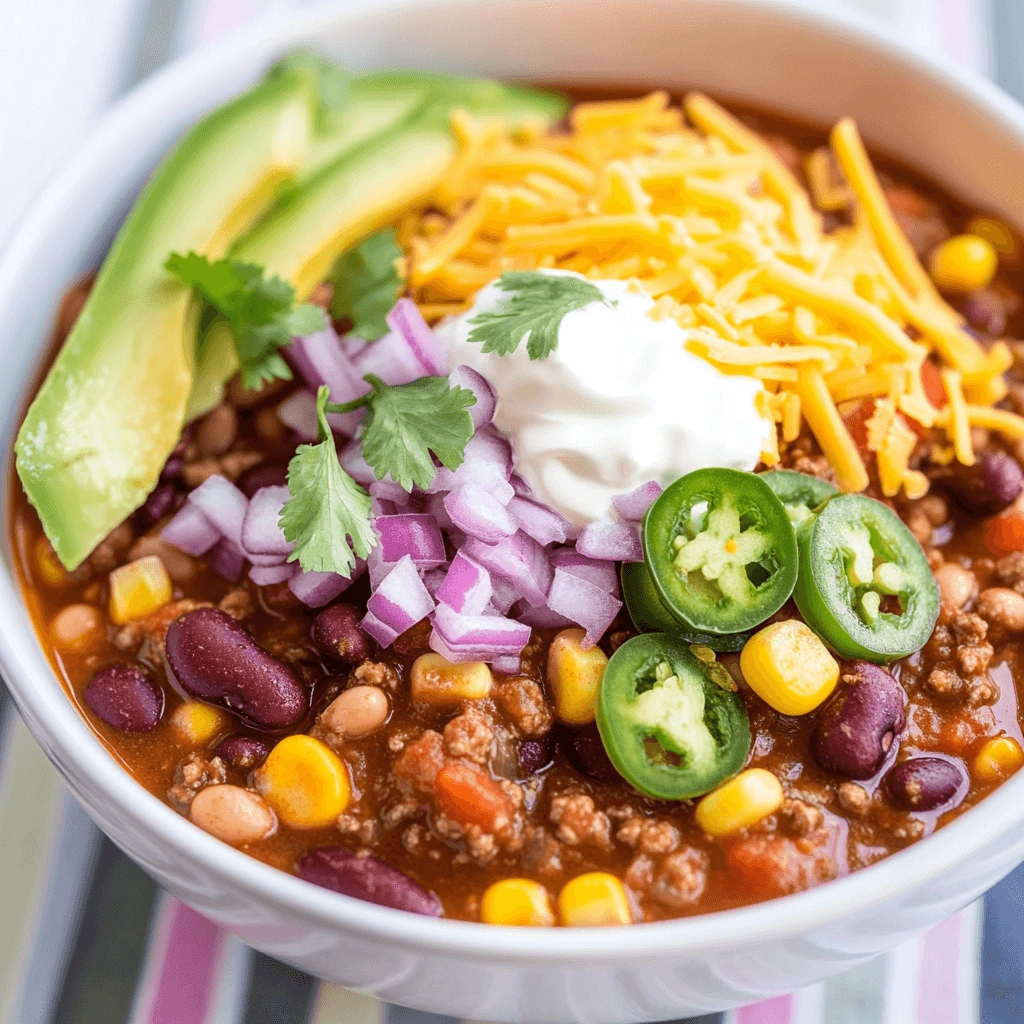 Bowl of homemade chili with vibrant toppings.